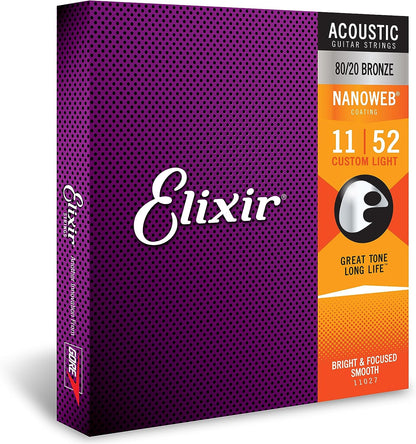 Bronze 80/20 Elixir Strings Acoustic Guitar Strings with NANOWEB Coating, Light 012-053, Custom Light 011-052, Extra Light 010-047 